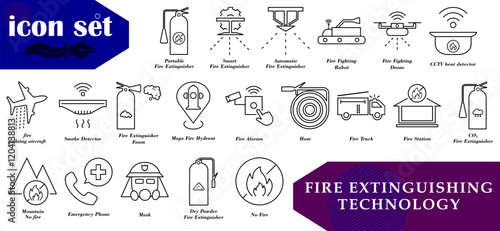 Modern fire extinguisher and technology icon set. Ideal for safety apps, fire websites, educational posters and presentations.