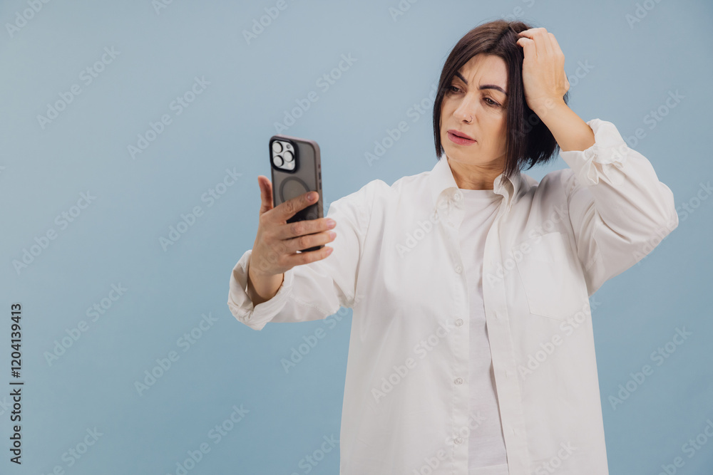 Confused mature woman scratching head while using smartphone on blue background Confused mature woman scratching head while using smartphone on blue background