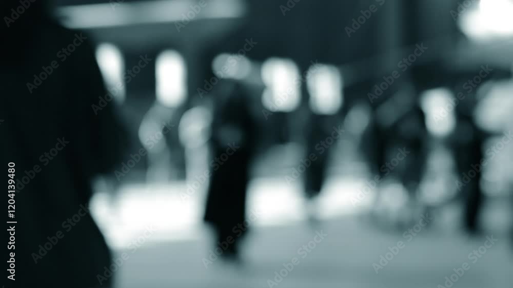 Blurred background. Many people walking inside a large room with windows during the day. Black silhouettes people. Blue white black color Blurred background. Many people walking inside a large room with windows during the day. Black silhouettes people. Blue white black color