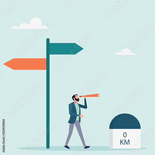 Starting a new business, vision or career path. Roadmap of business milestones. A self-confident character standing with a far-sighted look into the future at the initial milestones of the road.	
