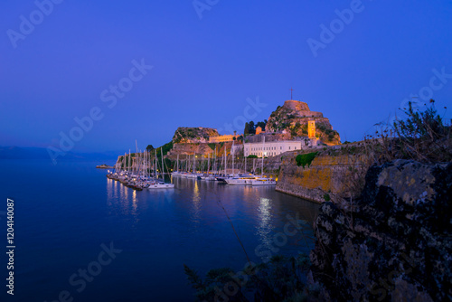 Evening view of Old Venetian Corfu fortress in Corfu town, Greece