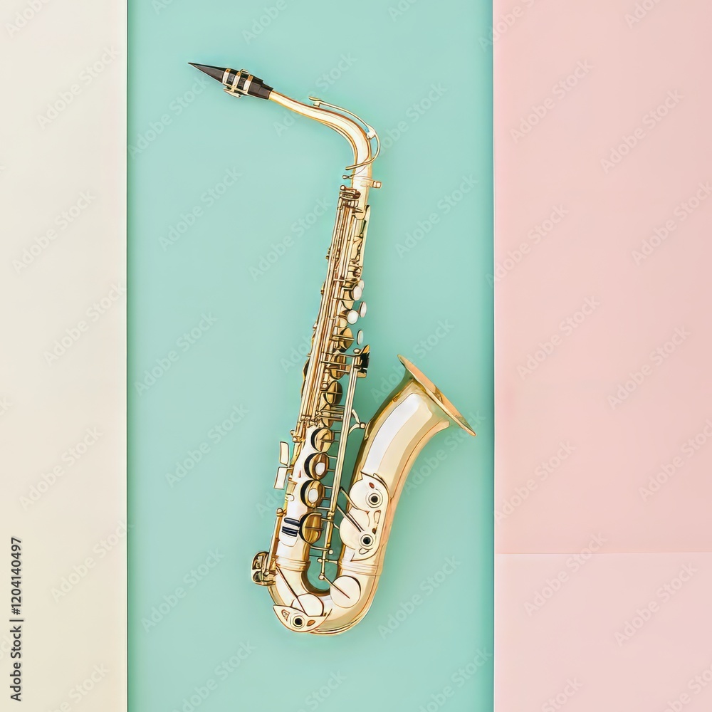Naklejka premium Golden saxophone displayed against a pastel background of soft mint green and pink panels. Modern, stylish design ideal for music or artistic concepts. AI generative.