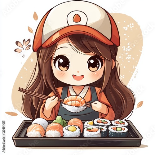 very detailed. Cute cartoon icon about a girl eating sushi with smiling face image in cute costume, Line Art Style, Clear Background