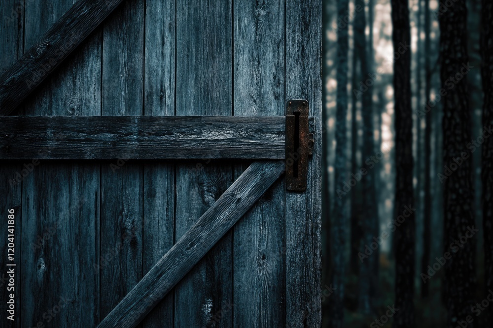 Old, dark wooden door slightly ajar reveals a mysterious, shadowy forest. Old, dark wooden door slightly ajar reveals a mysterious, shadowy forest.
