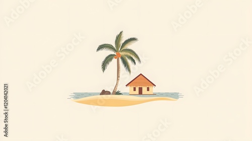 Tropical island getaway with palm tree and cottage beachside serenity illustration calm waters aesthetic view photo