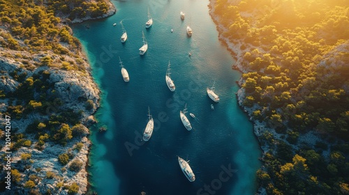 Aerial view of yachts and sailboats sailing in the sea, seen from above, at Kos Island near Dardanus Crete island in Greece, Europe. photo