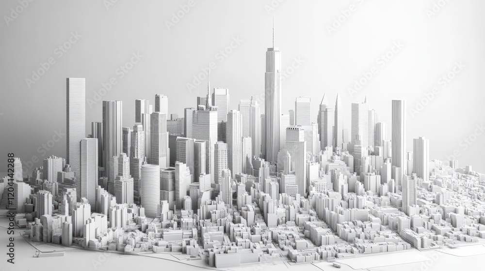 Detailed Monochrome Architectural Model of a Modern City Skyline Detailed Monochrome Architectural Model of a Modern City Skyline