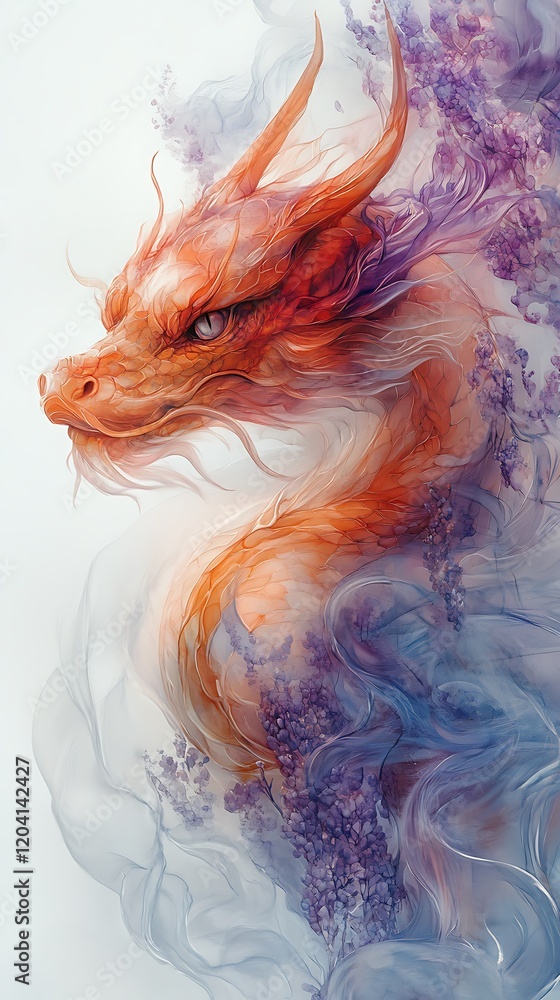 Fototapeta premium Fantasy art dragon surrounded colorful purple wisteria image