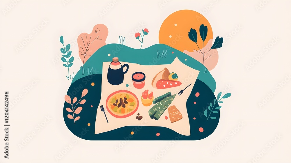 Naklejka premium Outdoor picnic feast scenic park illustration nature aerial view relaxation and enjoyment