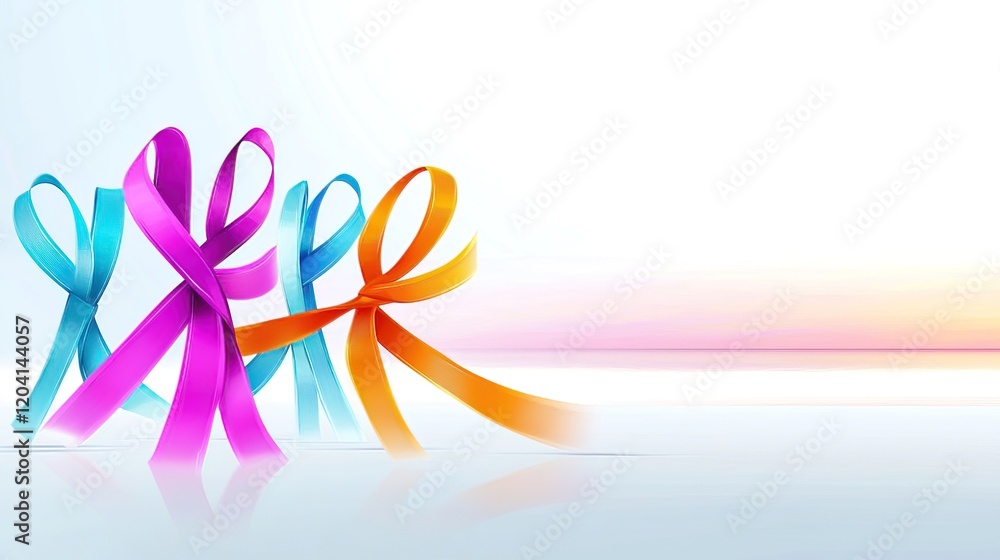 World Cancer Day promotes education and advocacy community to improve treatment. Colorful Ribbons in Pink, Blue, and Orange on a Soft Background World Cancer Day promotes education and advocacy community to improve treatment. Colorful Ribbons in Pink, Blue, and Orange on a Soft Background