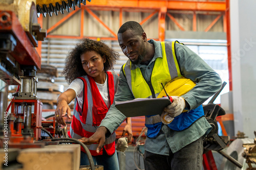 African workers working team happy aftter working of maintenance machine in heavy industrial factory