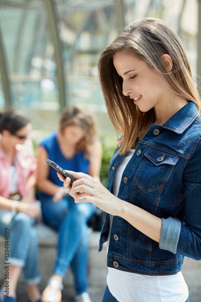 Young woman using mobilephone outdoors. Side view. Young woman using mobilephone outdoors. Side view.