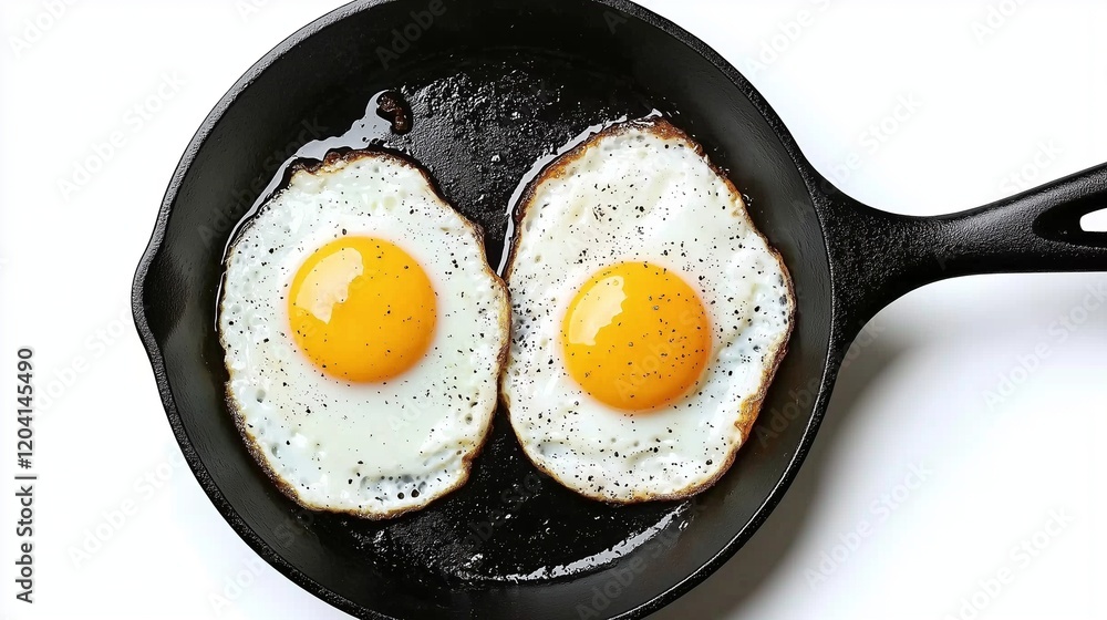 Two fried eggs in a cast iron pan symbolize simplicity and rustic cooking. Two fried eggs in a cast iron pan symbolize simplicity and rustic cooking.