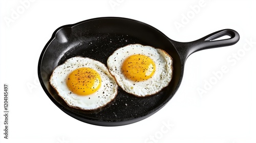 Two fried eggs in a cast iron pan, seasoned and ready to serve. photo