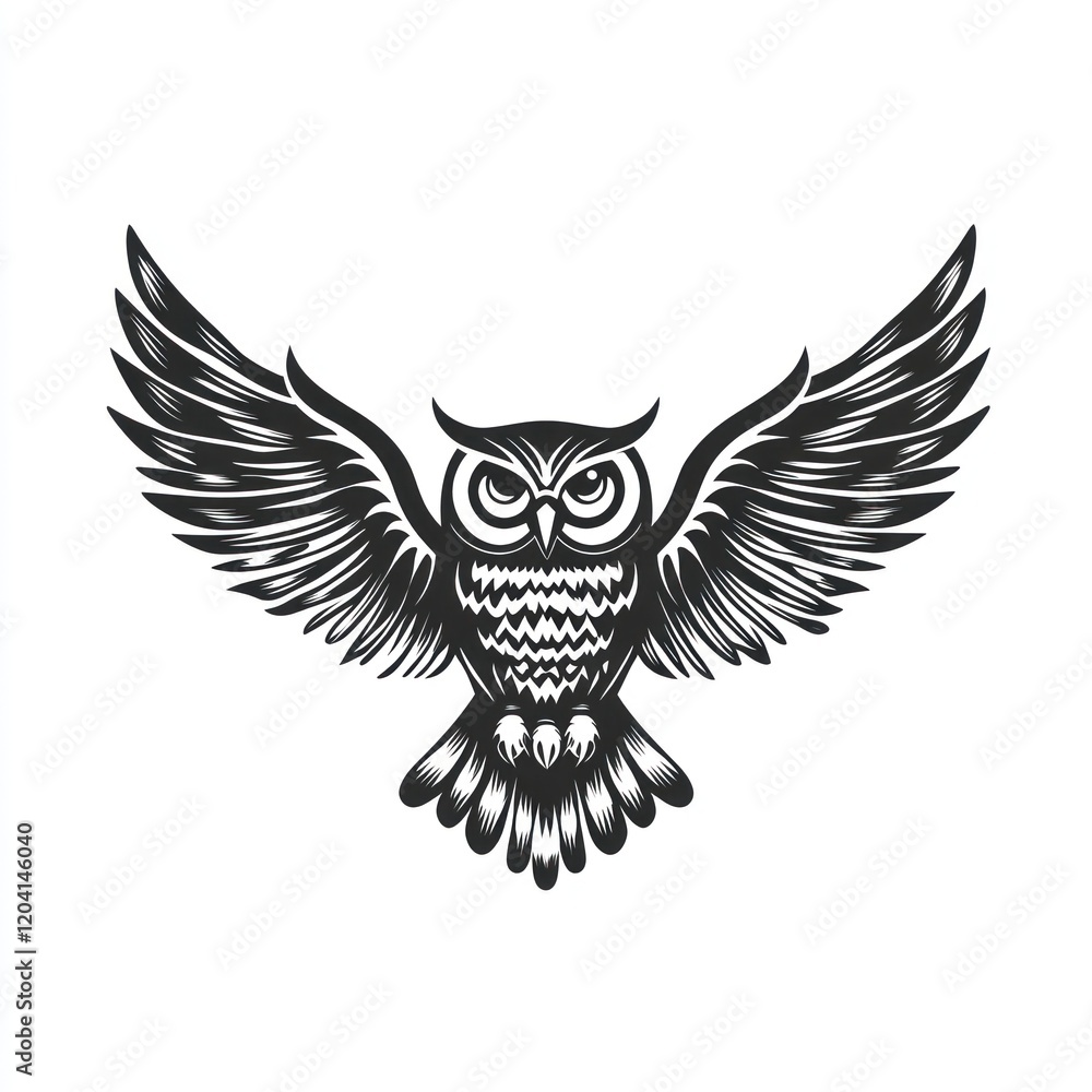 Obraz premium Flying owl, wings spread, white background, wildlife design, graphic illustration