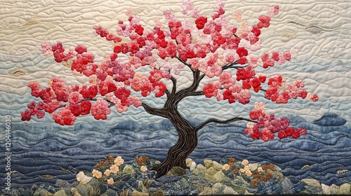 Embroidered cherry blossom tree quilt - inspiring for craft blogs, home decor websites, textile art galleries, and spring-themed presentations on creative hobbies photo