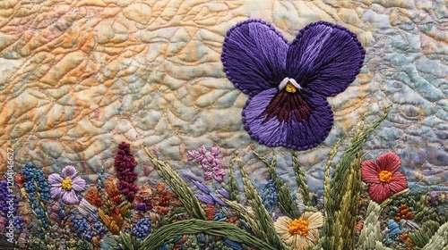 Embroidered spring meadow with vibrant pansy - perfect for craft blogs, quilting websites, needlework tutorials, and textile art inspiration for hobbyists and artisans photo