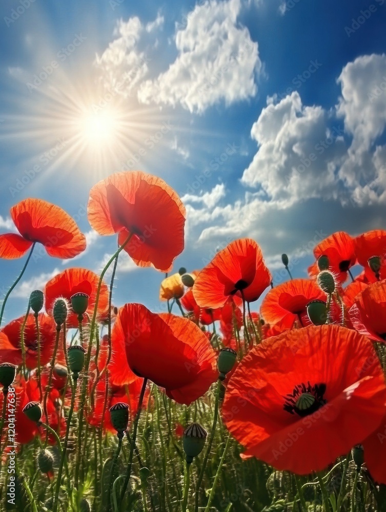 Obraz premium Fields of vibrant red poppies bloom under a bright sun in a clear blue sky during springtime. Generative AI