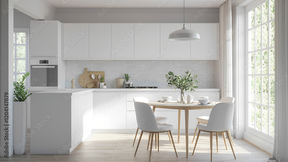 Fototapeta premium Image of Modern new light interior of kitchen with white furniture and dining table