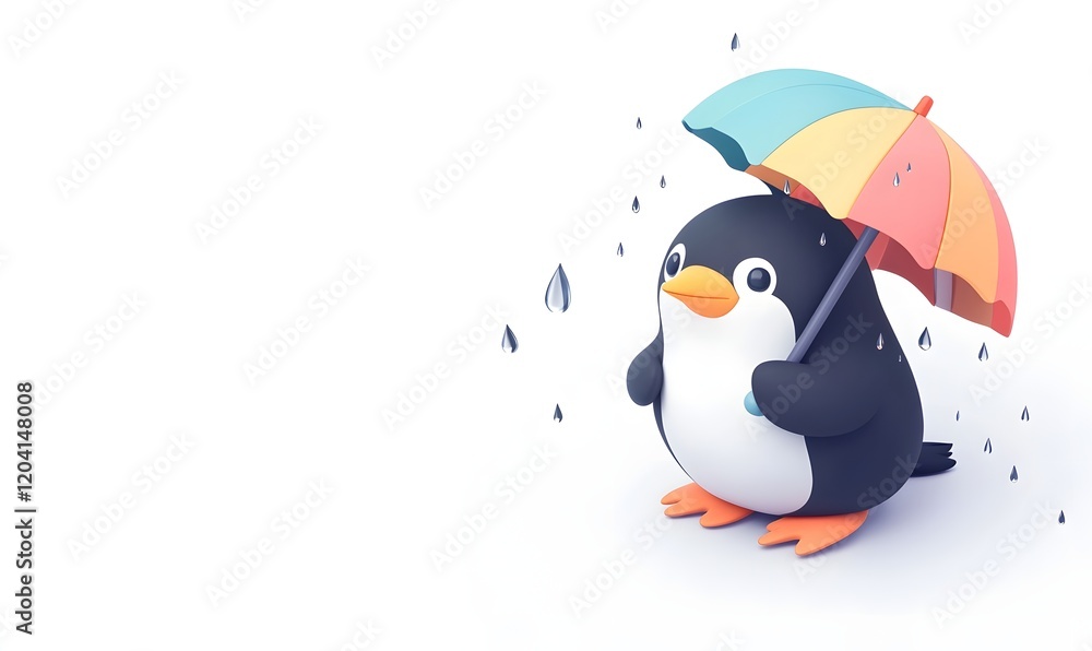 Fototapeta premium Cute penguin holding colorful umbrella in rain.
