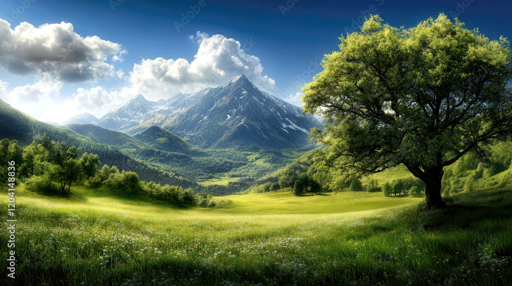 Fototapeta premium Snow-capped mountains rise majestically above a lush green valley filled with wildflowers and vibrant trees. The clear blue sky enhances the tranquility of this natural landscape.