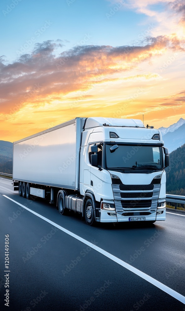 Stunning White Truck Driving on Highway Against Scenic Sunset Sky with Mountains in Background Stunning White Truck Driving on Highway Against Scenic Sunset Sky with Mountains in Background