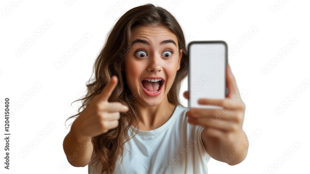Excited Woman Pointing at Smartphone - Surprised Reaction to Technology, App, or Good News, isolated on transparent background, White background. Excited Woman Pointing at Smartphone - Surprised Reaction to Technology, App, or Good News, isolated on transparent background, White background.