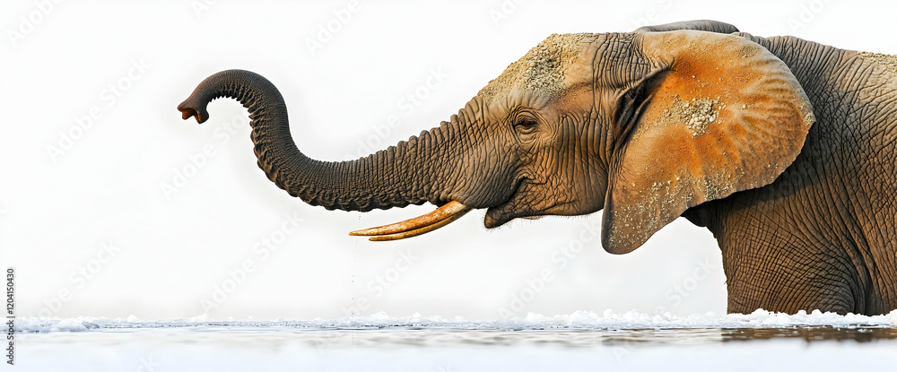 Obraz premium Elephant using its trunk to drink water, white background