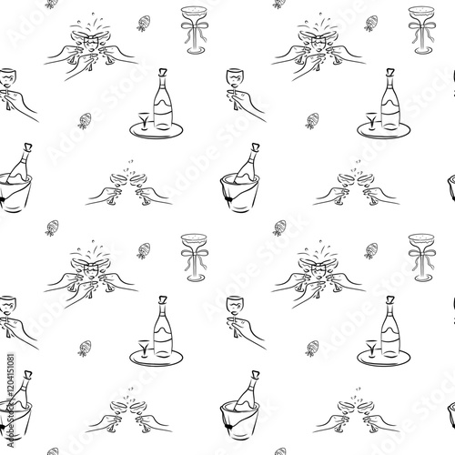 Hand drawn celebration pattern, bottles of wine and champagne seamless pattern