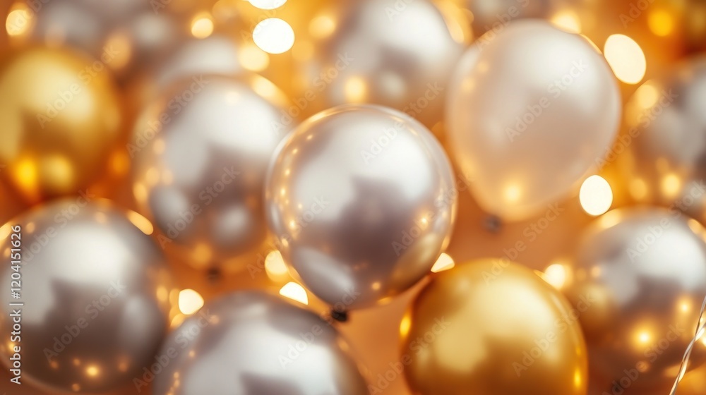 Elegant gold and silver balloons create a festive atmosphere with bokeh lights Elegant gold and silver balloons create a festive atmosphere with bokeh lights