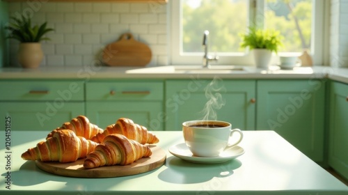 Wallpaper Mural Aromatic morning coffee with freshly baked croissants on a kitchen table bathed in sunlight Torontodigital.ca