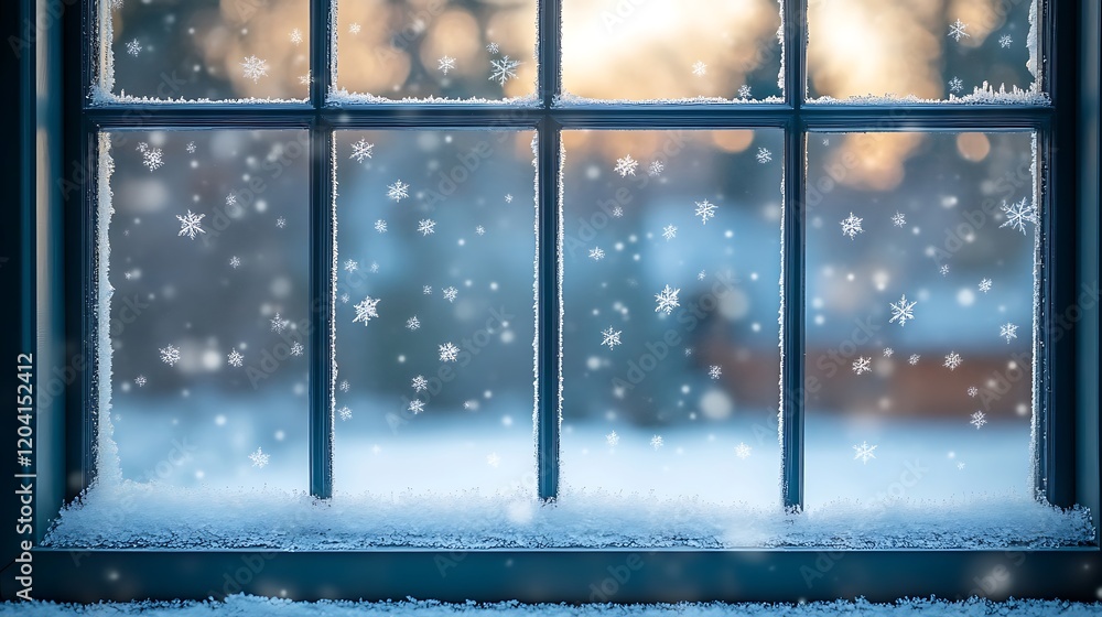 Naklejka premium Frosty winter window with snowflakes falling outside.