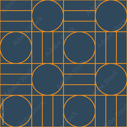 Seamless Geometric Pattern with Circles and Rectangles in Dark Blue and Orange