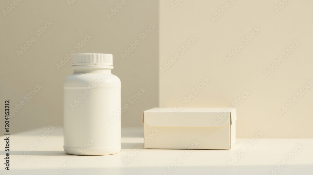 Minimalist product presentation a blank white bottle and a small box on a neutral background, perfect for showcasing your brand's packaging design and highlighting its elegant simplicity. Minimalist product presentation a blank white bottle and a small box on a neutral background, perfect for showcasing your brand's packaging design and highlighting its elegant simplicity.