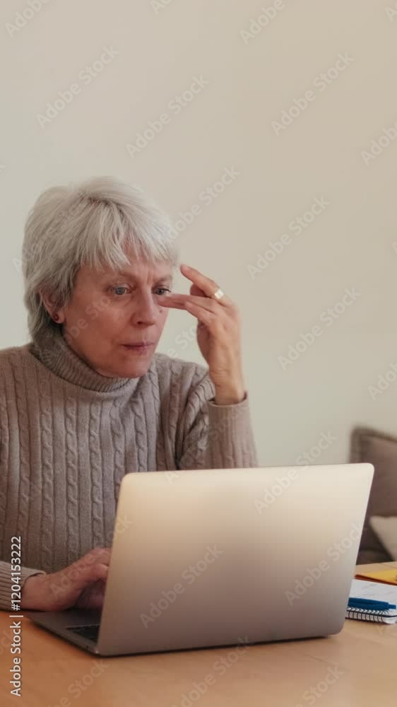 Vertical video, Focused older woman working remotely on her laptop, enjoying a cup of tea. She embodies productivity and the modern senior lifestyle. Vertical video, Focused older woman working remotely on her laptop, enjoying a cup of tea. She embodies productivity and the modern senior lifestyle.