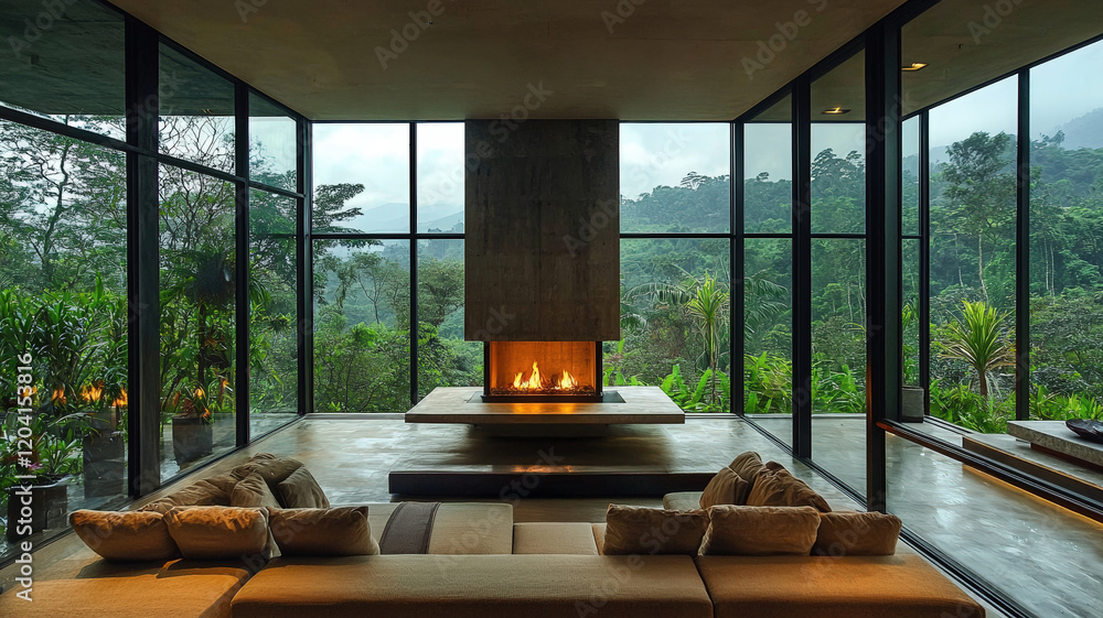 Fototapeta premium Modern Luxury Living Room with Fireplace, Glass Walls, and Scenic Forest View for Tranquil Relaxation