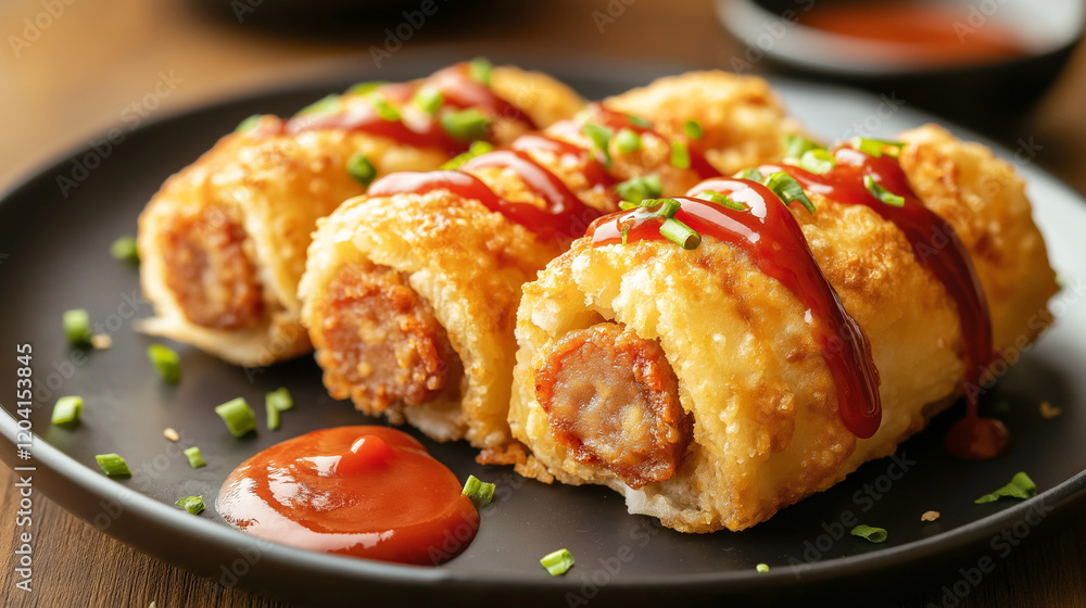 Pour ketchup over hot dog Korean style, deep fried crusted flour stuffed with sausage. Selective focus. Pour ketchup over hot dog Korean style, deep fried crusted flour stuffed with sausage. Selective focus.