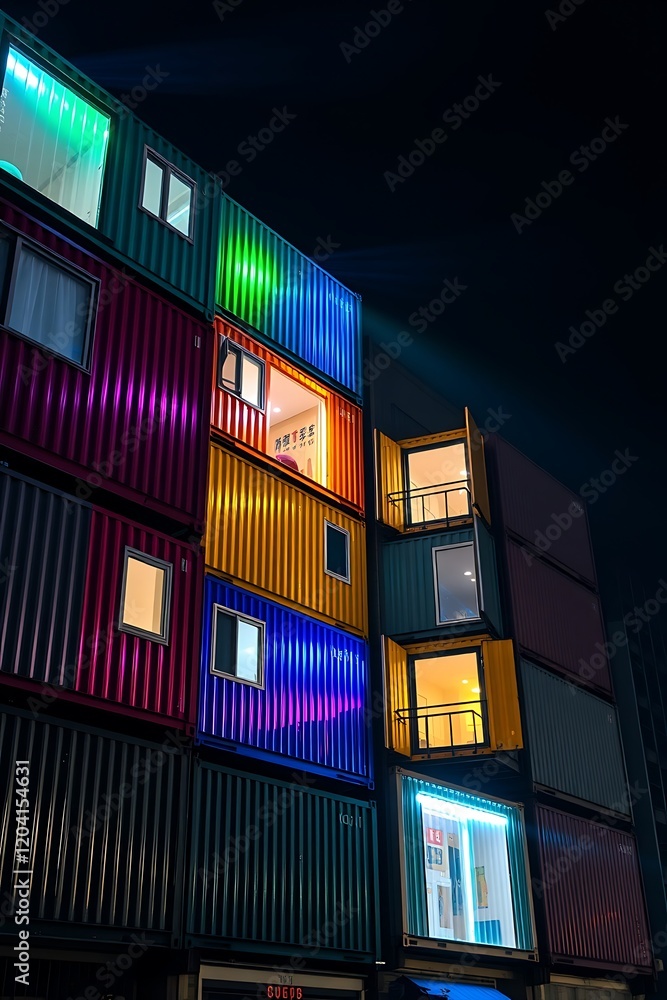 Colorful shipping containers building at night. Colorful shipping containers building at night.