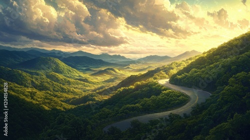 Winding road through lush green hills
