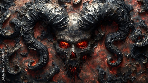 Fiery demonic skull relief, hellish background, fantasy art, game asset photo