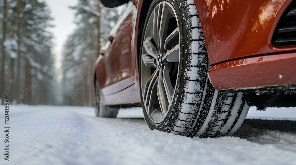 Close-Up Of Car Tire Driving On A Snowy Road During Winter, Safe Driving In Snowfall With Sunlight