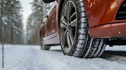 Obraz na płótnie Close-Up Of Car Tire Driving On A Snowy Road During Winter, Safe Driving In Snowfall With Sunlight w salonie