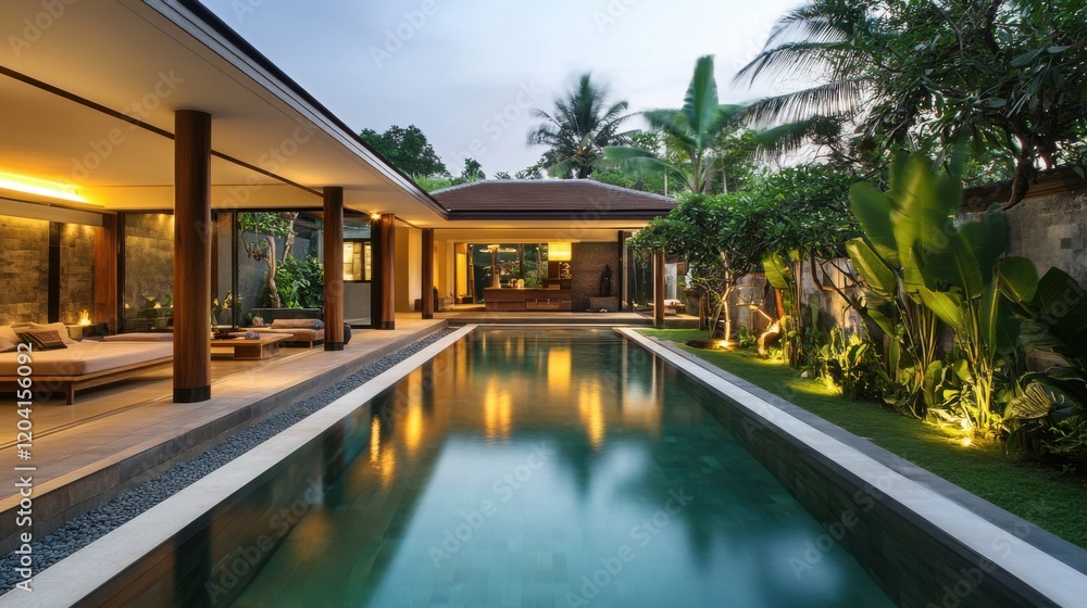 Fototapeta premium Modern villa with pool and lush greenery