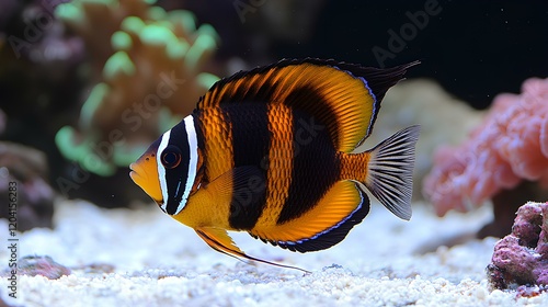 Foxface fish gracefully swims among vibrant corals in a mesmerizing   saltwater aquarium photo