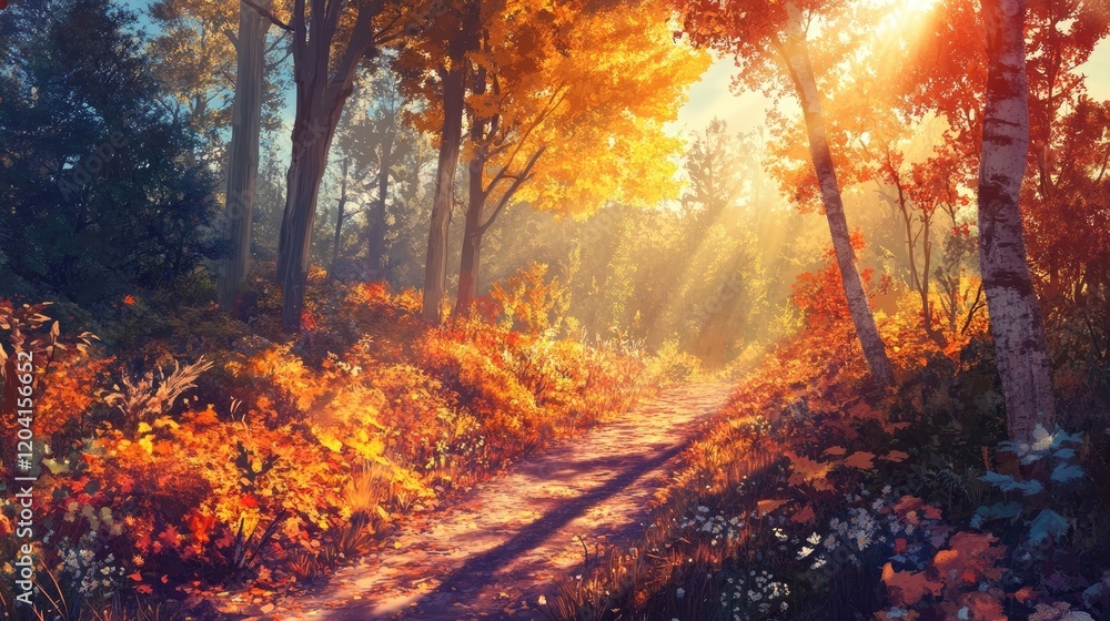 A beautiful running trail through a vibrant forest with golden sunlight streaming through. A beautiful running trail through a vibrant forest with golden sunlight streaming through.