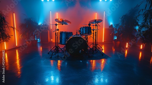 Close-up of a drum kit with vibrant lights and a musician playing during a live performance  photo