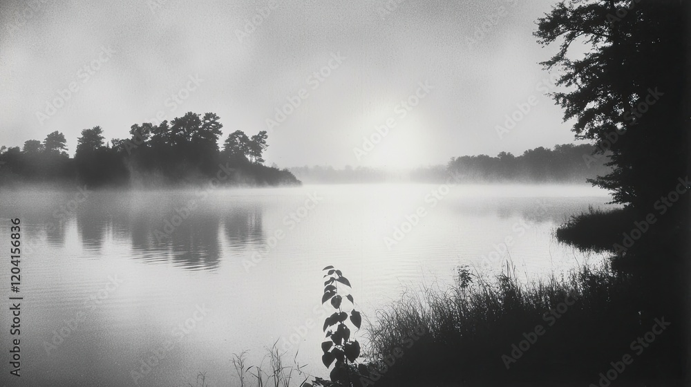 Fototapeta premium A beautiful sunrise over a peaceful lake, with mist rising from the water's surface.