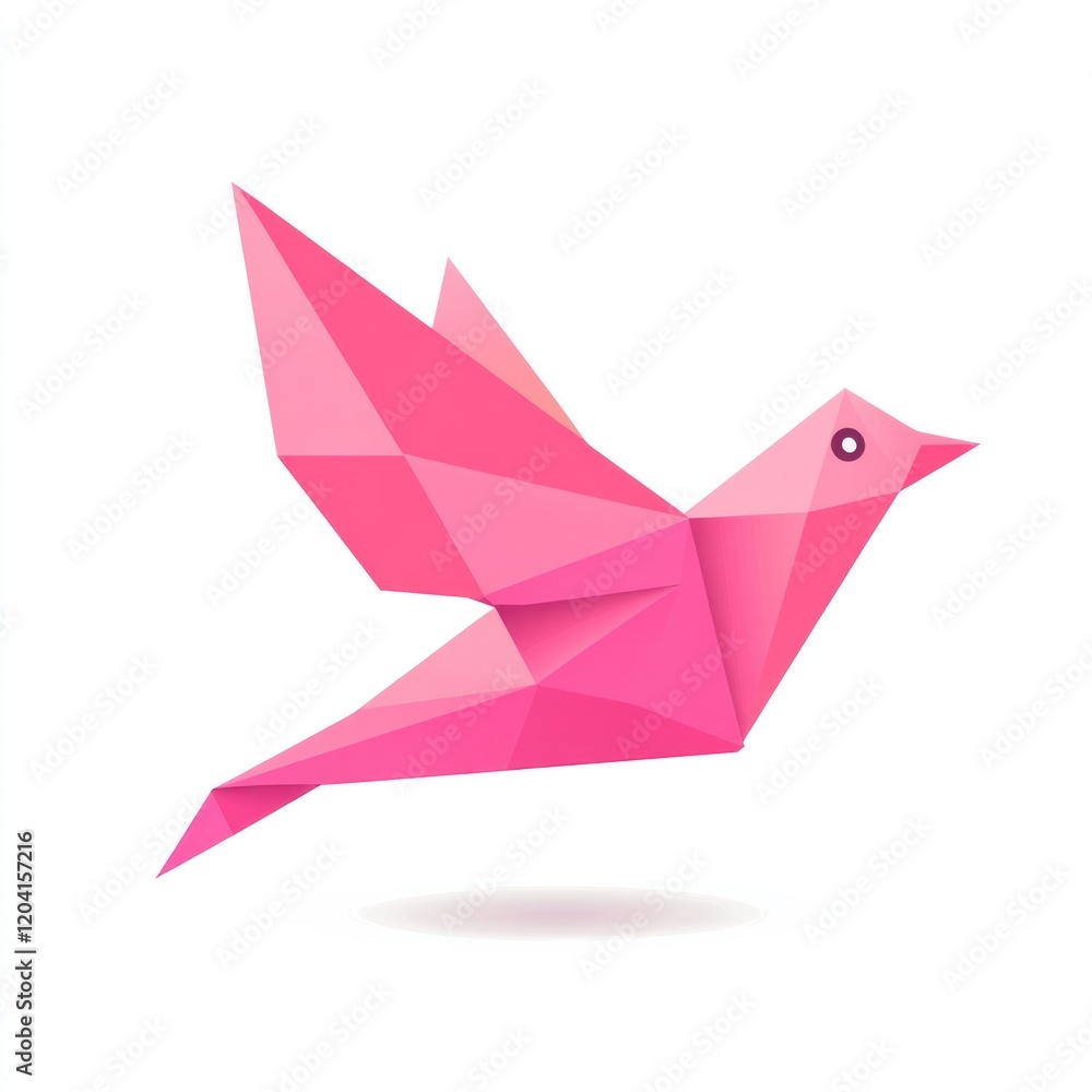 Naklejka premium Pink origami bird in flight against white background, suitable for children's books or greeting cards