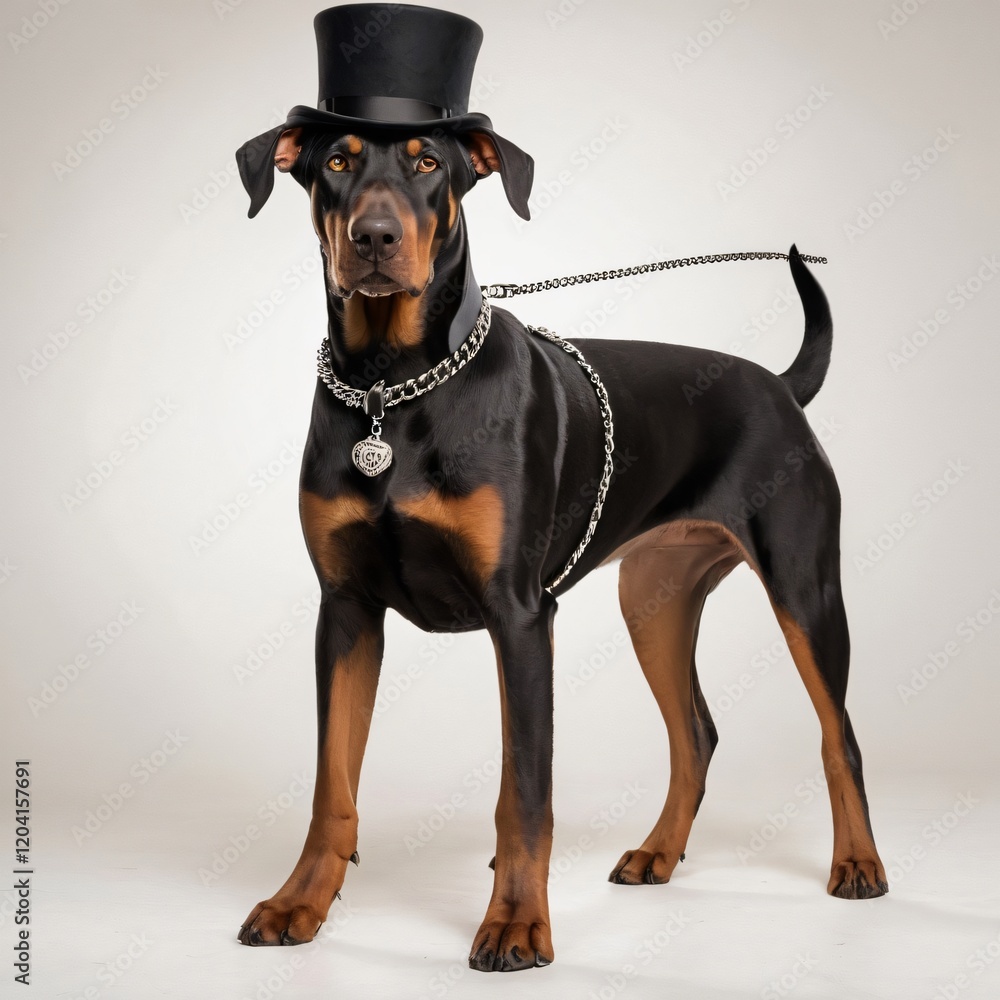 A black and tan Dobermann dog looking at the camera against a plain isolated background A black and tan Dobermann dog looking at the camera against a plain isolated background