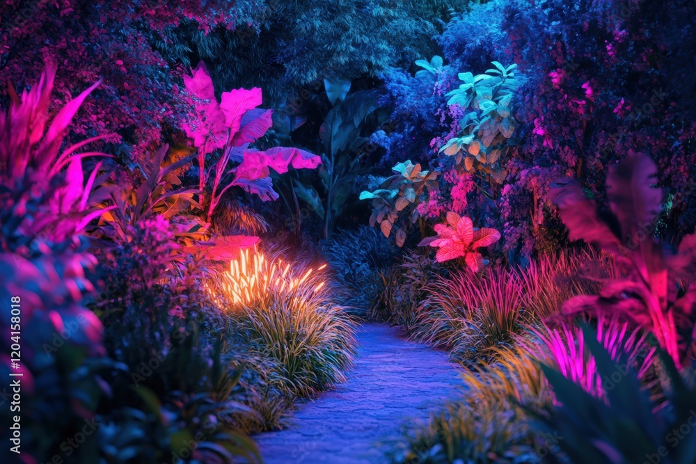 Obraz premium Neon Lit Tropical Path Through Lush Foliage